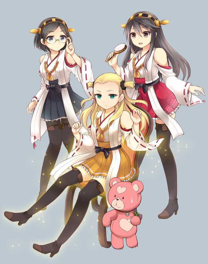 haruna, kirishima, and yotarou (kantai collection and 1 more) drawn by nora_kichi