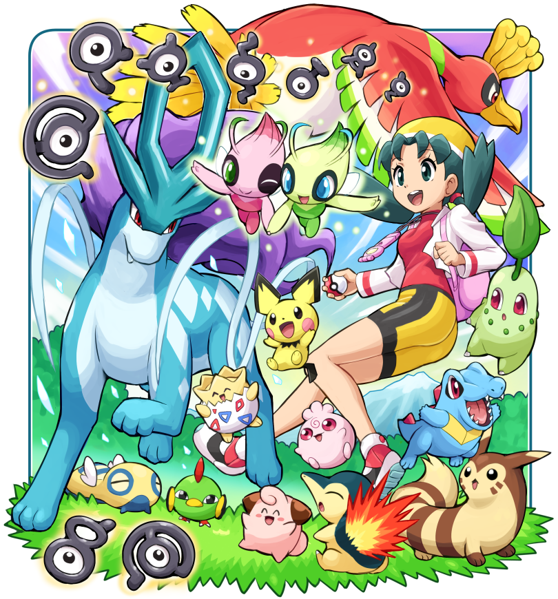kris, cyndaquil, chikorita, pichu, totodile, and 17 more (pokemon and 1 more) drawn by pokemoa