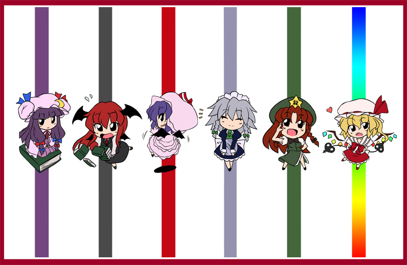 remilia scarlet, flandre scarlet, izayoi sakuya, patchouli knowledge, hong meiling, and 1 more (touhou) drawn by sugiura