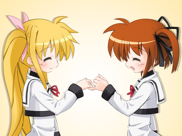 fate testarossa and takamachi nanoha (lyrical nanoha and 2 more) drawn by izuno_kenta