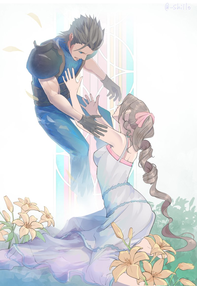 aerith gainsborough and zack fair (final fantasy and 2 more) drawn by shillo