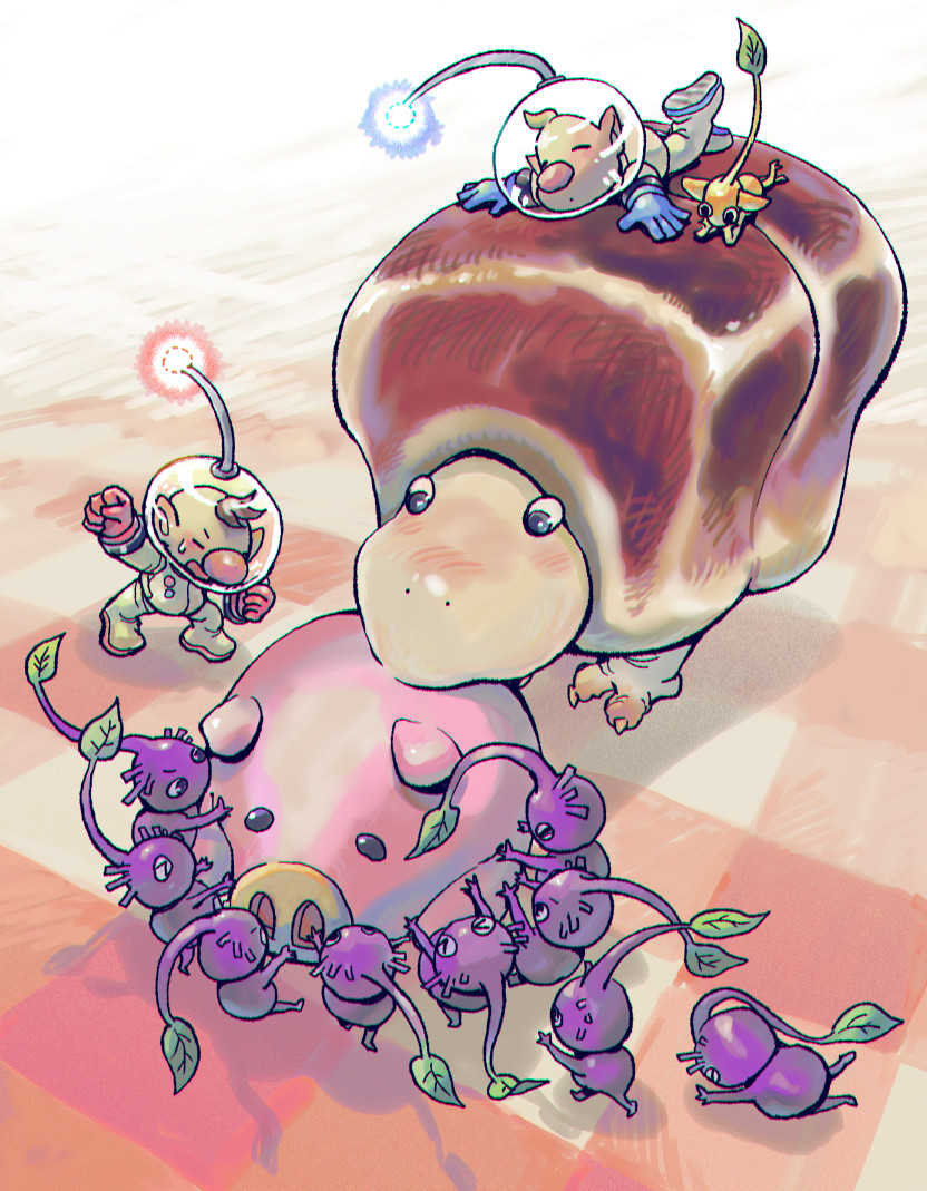 olimar, yellow pikmin, purple pikmin, louie, and giant breadbug (pikmin and 1 more) drawn by asaikaina