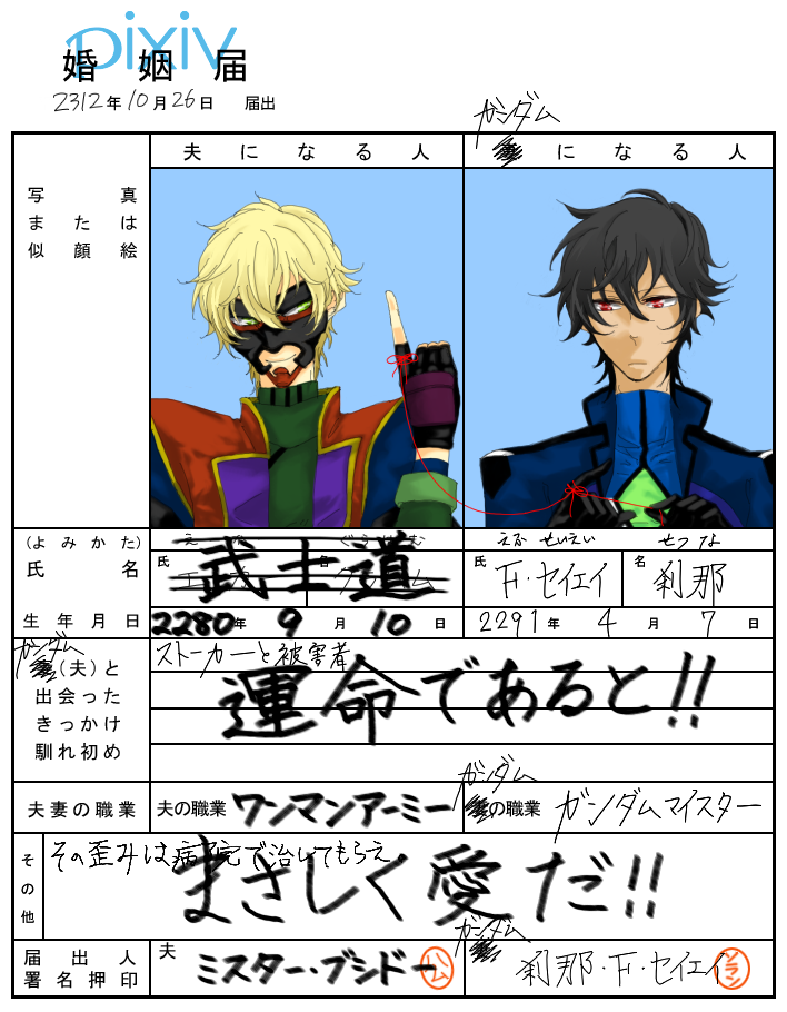 setsuna f. seiei and mister bushido (gundam and 1 more) drawn by saku_(osake_love)