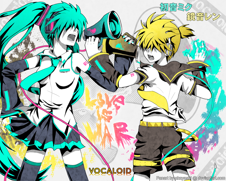 hatsune miku and kagamine len (vocaloid and 1 more) drawn by akayashi