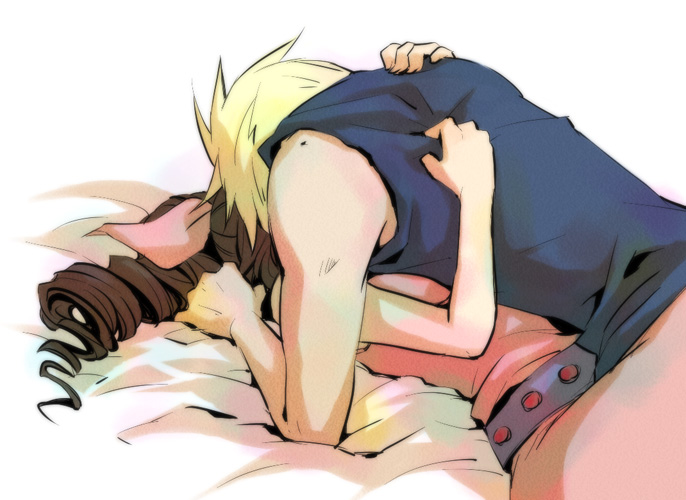 cloud strife and aerith gainsborough (final fantasy and 1 more) drawn by hidaka_ryou