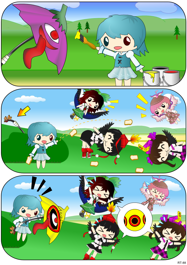 shameimaru aya, reiuji utsuho, tatara kogasa, mystia lorelei, and himekaidou hatate (touhou) drawn by dozy_(d_mendozer)