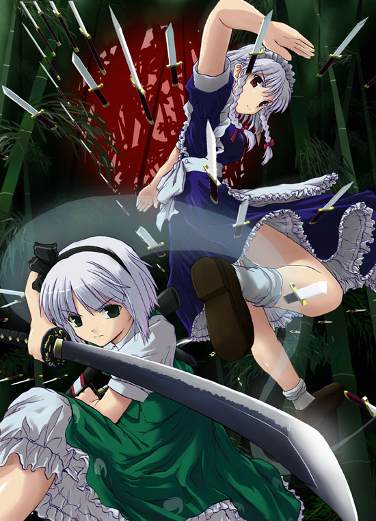 izayoi sakuya and konpaku youmu (touhou and 1 more) drawn by tsuyadashi_shuuji
