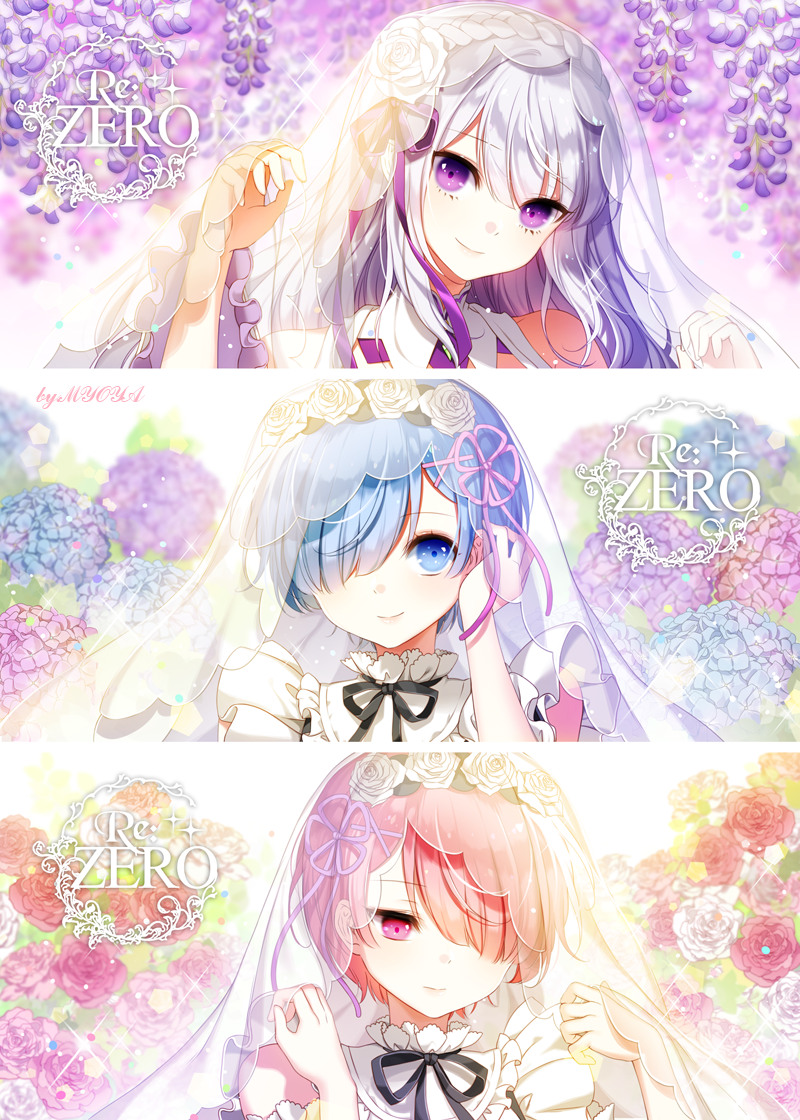 rem, emilia, and ram (re:zero kara hajimeru isekai seikatsu) drawn by myoya
