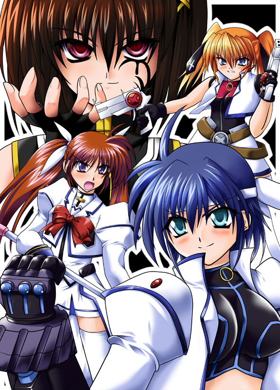 takamachi nanoha, yagami hayate, raising heart, subaru nakajima, teana lanster, and 2 more (lyrical nanoha and 1 more) drawn by aoi_sakuya