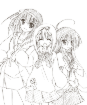 suzumiya haruhi, shana, and akihime sumomo (suzumiya haruhi no yuuutsu and 2 more) drawn by manami_tatsuya