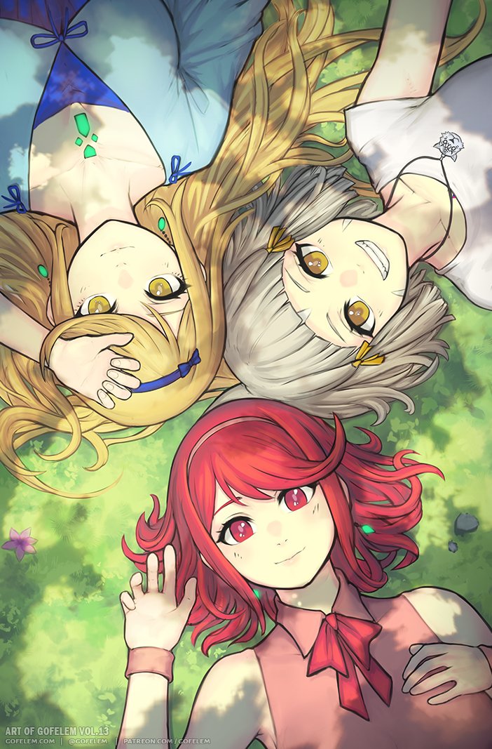 pyra, mythra, and nia (xenoblade chronicles and 1 more) drawn by gofelem