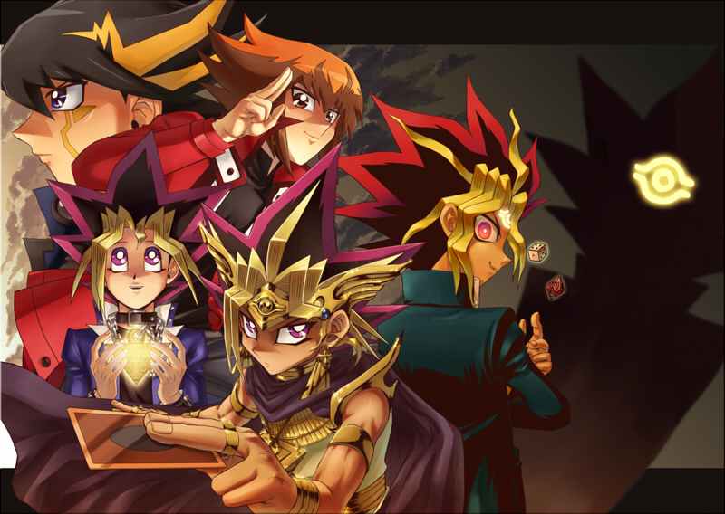 yuki judai, fudo yusei, muto yugi, yami yugi, and atem (yu-gi-oh! and 3 more) drawn by raku_(howdy)