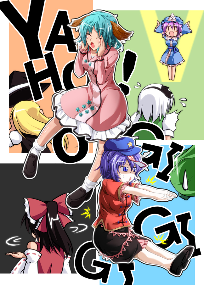 hakurei reimu, kirisame marisa, kochiya sanae, konpaku youmu, saigyouji yuyuko, and 2 more (touhou and 1 more) drawn by kirisaki_byakko