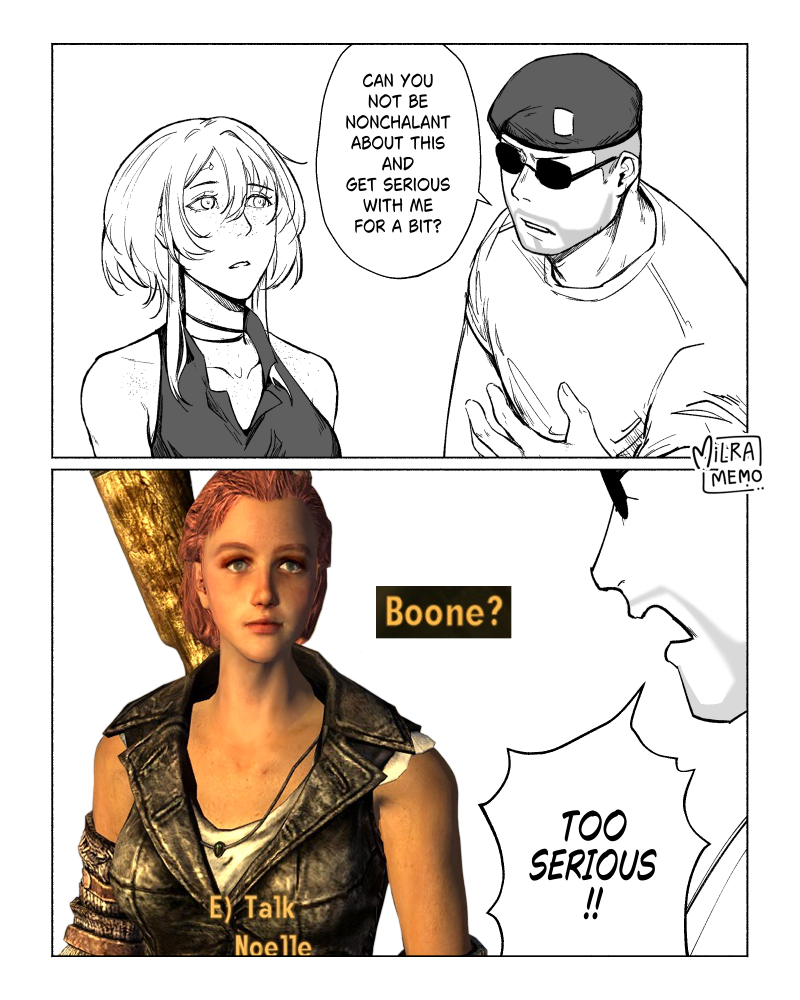 courier, noelle rutherford, and craig boone (fallout and 1 more) drawn by milramemo