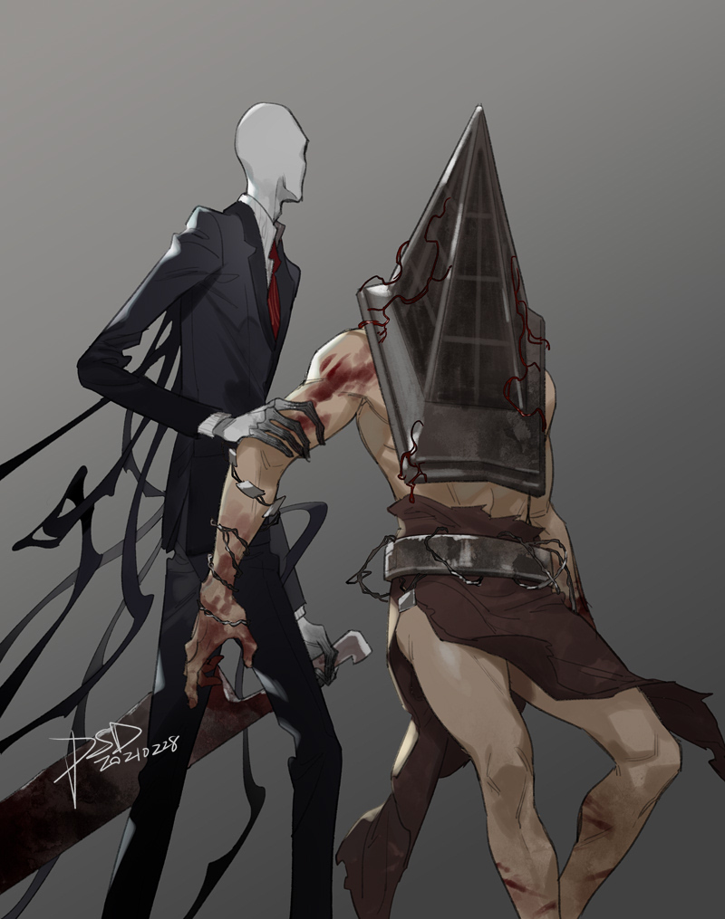 pyramid head and slender man (silent hill and 2 more) drawn by psd_(psdgai)