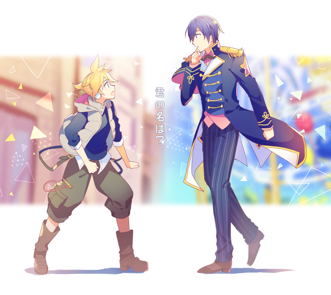 kagamine len, kaito, wonderlands x showtime kaito, and vivid bad squad len (vocaloid and 1 more) drawn by sinaooo