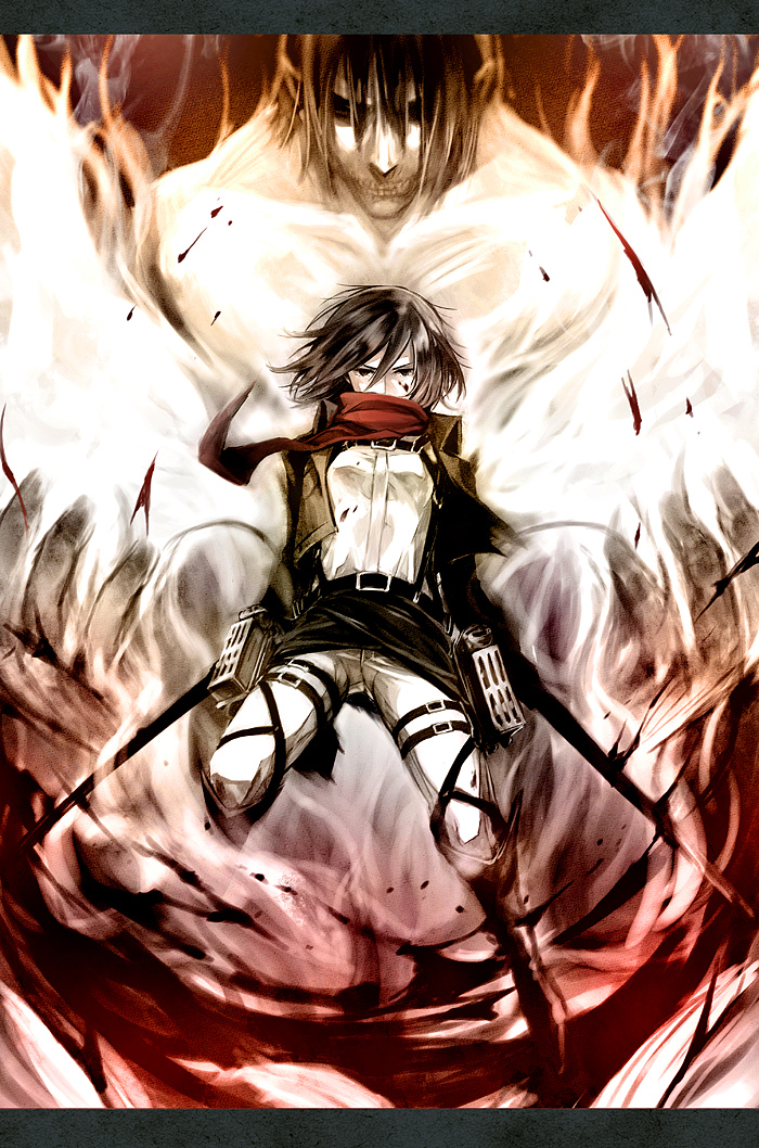 mikasa ackerman, titan, and rogue titan (shingeki no kyojin) drawn by mochinue
