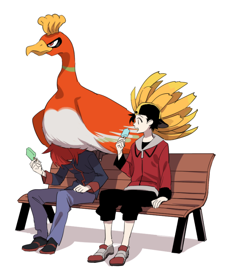 ethan, silver, and ho-oh (pokemon and 1 more) drawn by monji_samonji