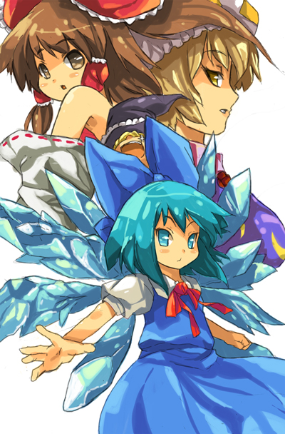 hakurei reimu, cirno, and yakumo ran (touhou) drawn by umitsuki