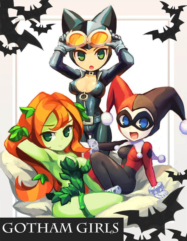 harley quinn, poison ivy, and catwoman (dc comics and 1 more) drawn by chingisu