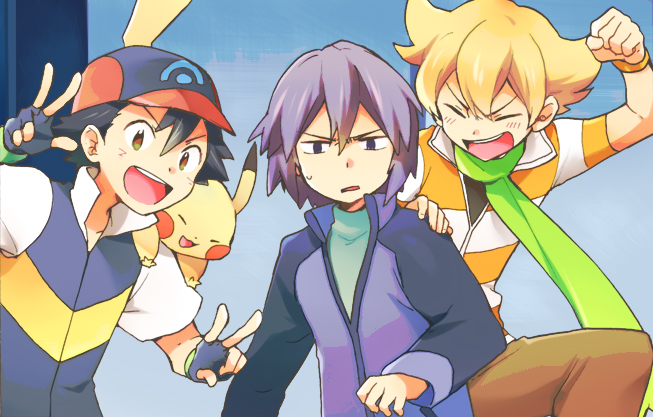 pikachu, ash ketchum, barry, and paul (pokemon and 1 more) drawn by mogawa