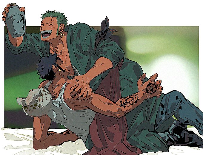 roronoa zoro and trafalgar law (one piece) drawn by kalk0011