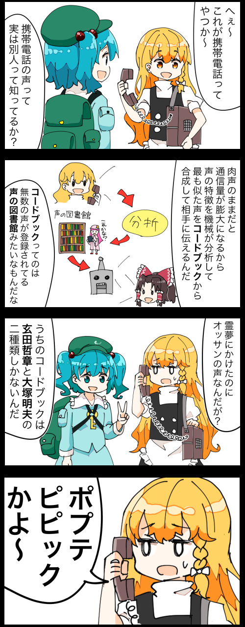 hakurei reimu, kirisame marisa, patchouli knowledge, and kawashiro nitori (touhou) drawn by jetto_komusou
