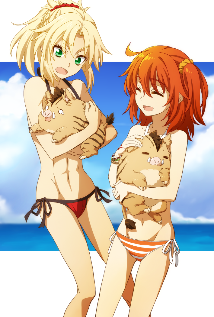 fujimaru ritsuka, mordred, and boar piglet (fate and 2 more) drawn by oiun