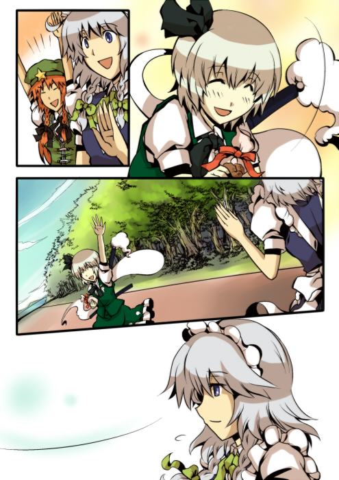 izayoi sakuya, konpaku youmu, and hong meiling (touhou) drawn by yagimiwa