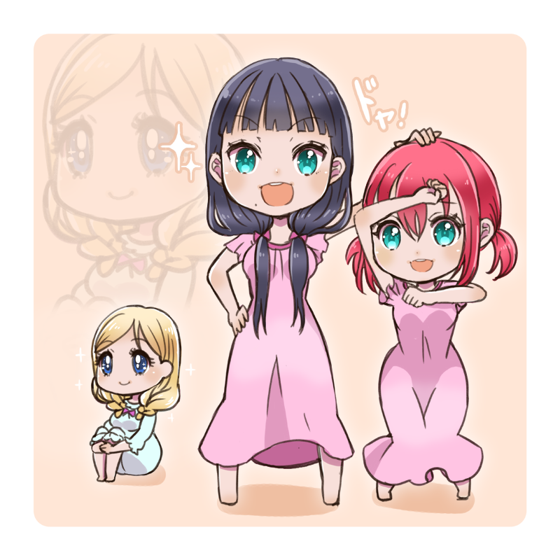 kurosawa dia, kurosawa ruby, and ohara mari (love live! and 1 more) drawn by morimaiko