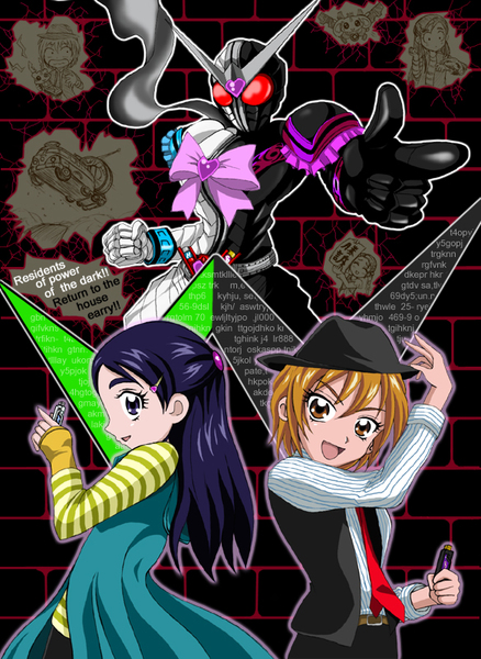 misumi nagisa, yukishiro honoka, kujou hikari, kamen rider double, hidari shoutarou, and 4 more (precure and 4 more) drawn by arudebido