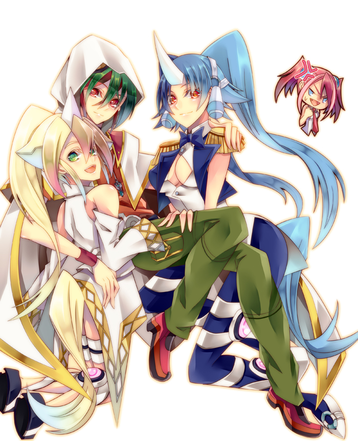 hiiragi yuzu, sakaki yuya, performapal corn, and performapal uni (yu-gi-oh! and 1 more) drawn by akisaki