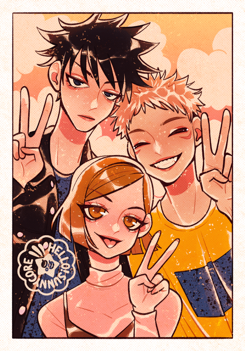 itadori yuuji, fushiguro megumi, and kugisaki nobara (jujutsu kaisen) drawn by hellosunnycore
