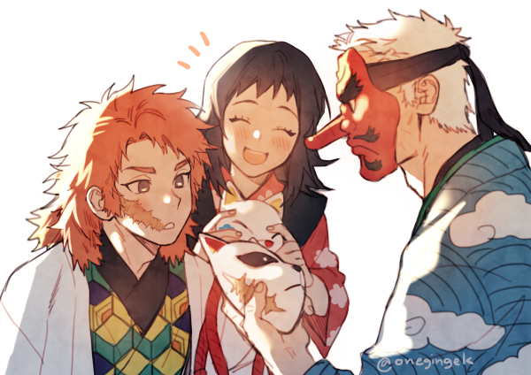 sabito, makomo, and urokodaki sakonji (kimetsu no yaiba) drawn by onegingek