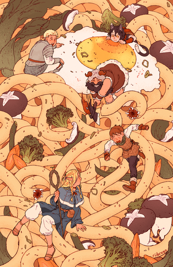 marcille donato, laios touden, senshi, chilchuck tims, izutsumi, and 1 more (dungeon meshi) drawn by rii_abrego