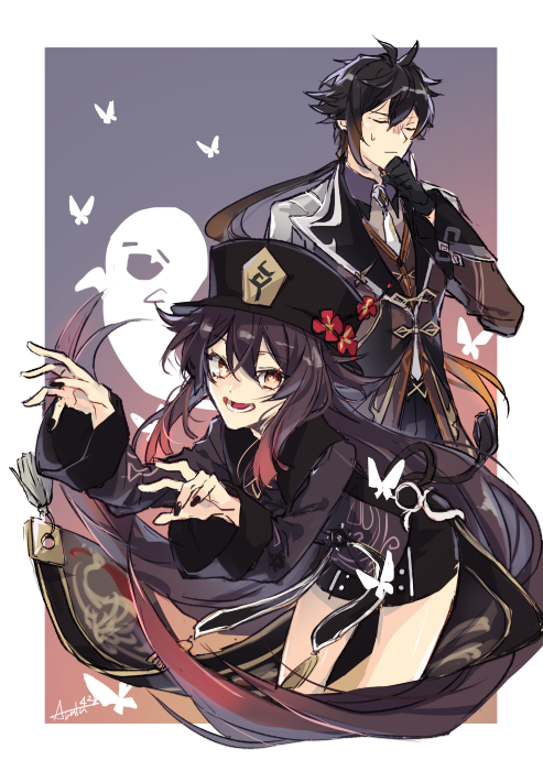 hu tao, zhongli, and boo tao (genshin impact) drawn by shibuya_arata