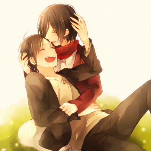 mikasa ackerman and eren yeager (shingeki no kyojin) drawn by yuzuki_(shioppo)