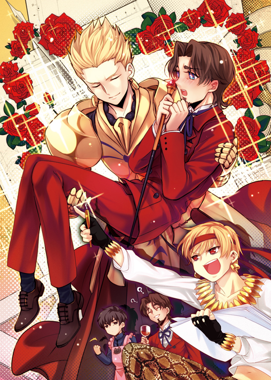 kotomine kirei, tohsaka tokiomi, and gilgamesh (fate and 2 more) drawn by sunday31