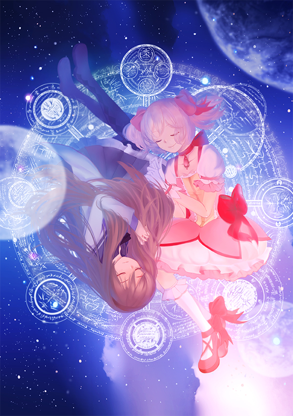 akemi homura and kaname madoka (mahou shoujo madoka magica) drawn by suzushi