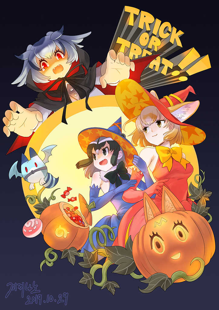 serval, common raccoon, fennec, lucky beast, and northern white-faced owl (kemono friends) drawn by roonhee