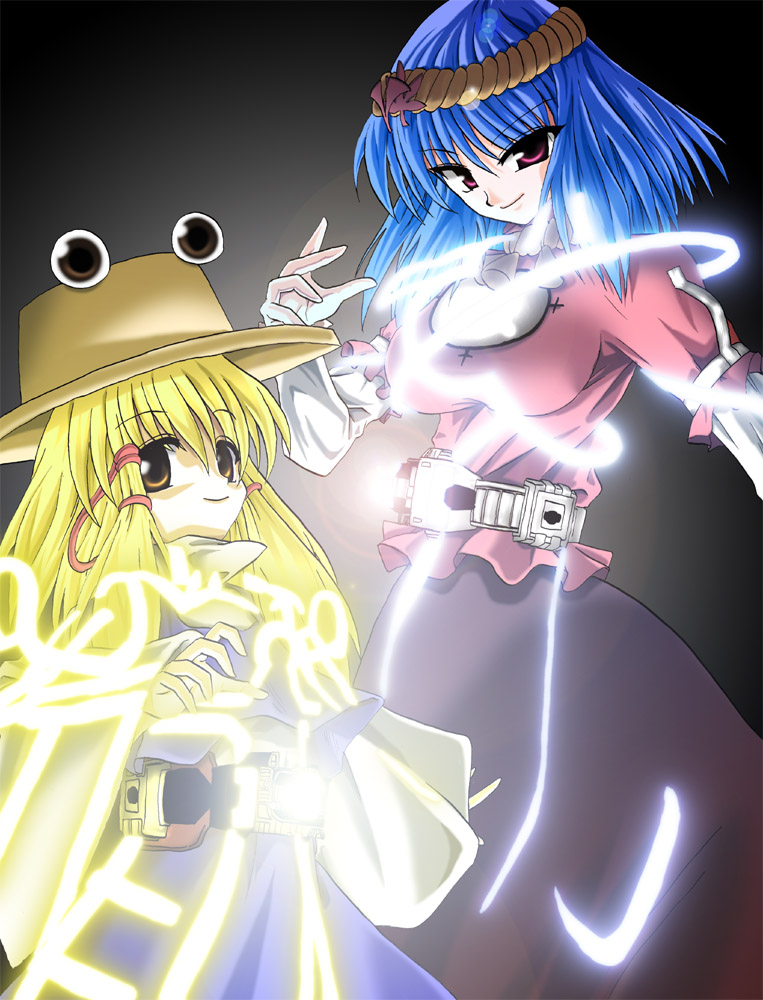moriya suwako, yasaka kanako, kamen rider psyga, kamen rider orga, and orga driver (touhou and 2 more) drawn by kamishima_kanon