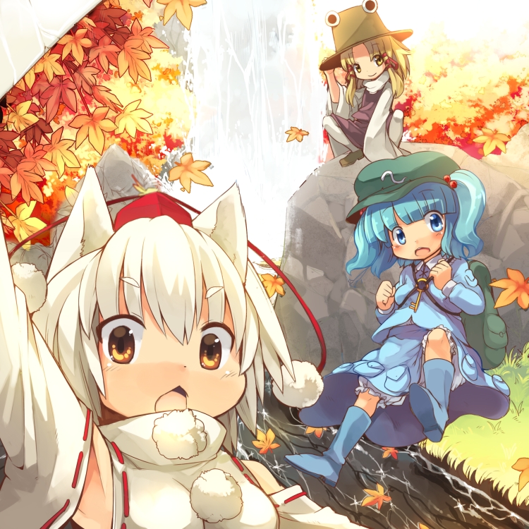 inubashiri momiji, moriya suwako, and kawashiro nitori (touhou) drawn by kishibe