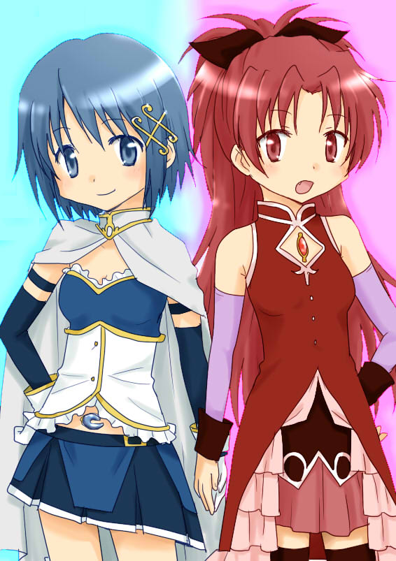 miki sayaka and sakura kyoko (mahou shoujo madoka magica) drawn by isora