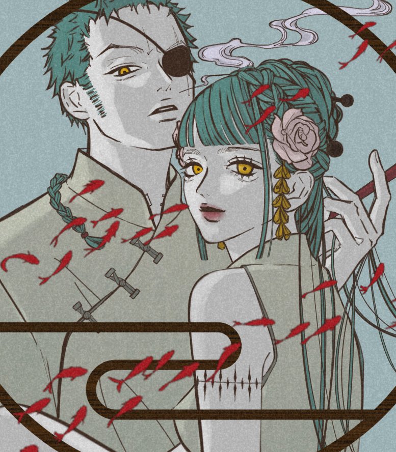 roronoa zoro and kouzuki hiyori (one piece) drawn by sskw_mm