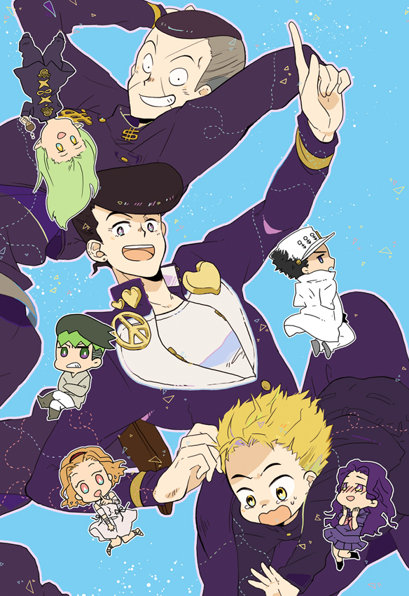 kujo jotaro, higashikata josuke, kishibe rohan, nijimura okuyasu, hirose koichi, and 3 more (jojo no kimyou na bouken and 1 more) drawn by nccr