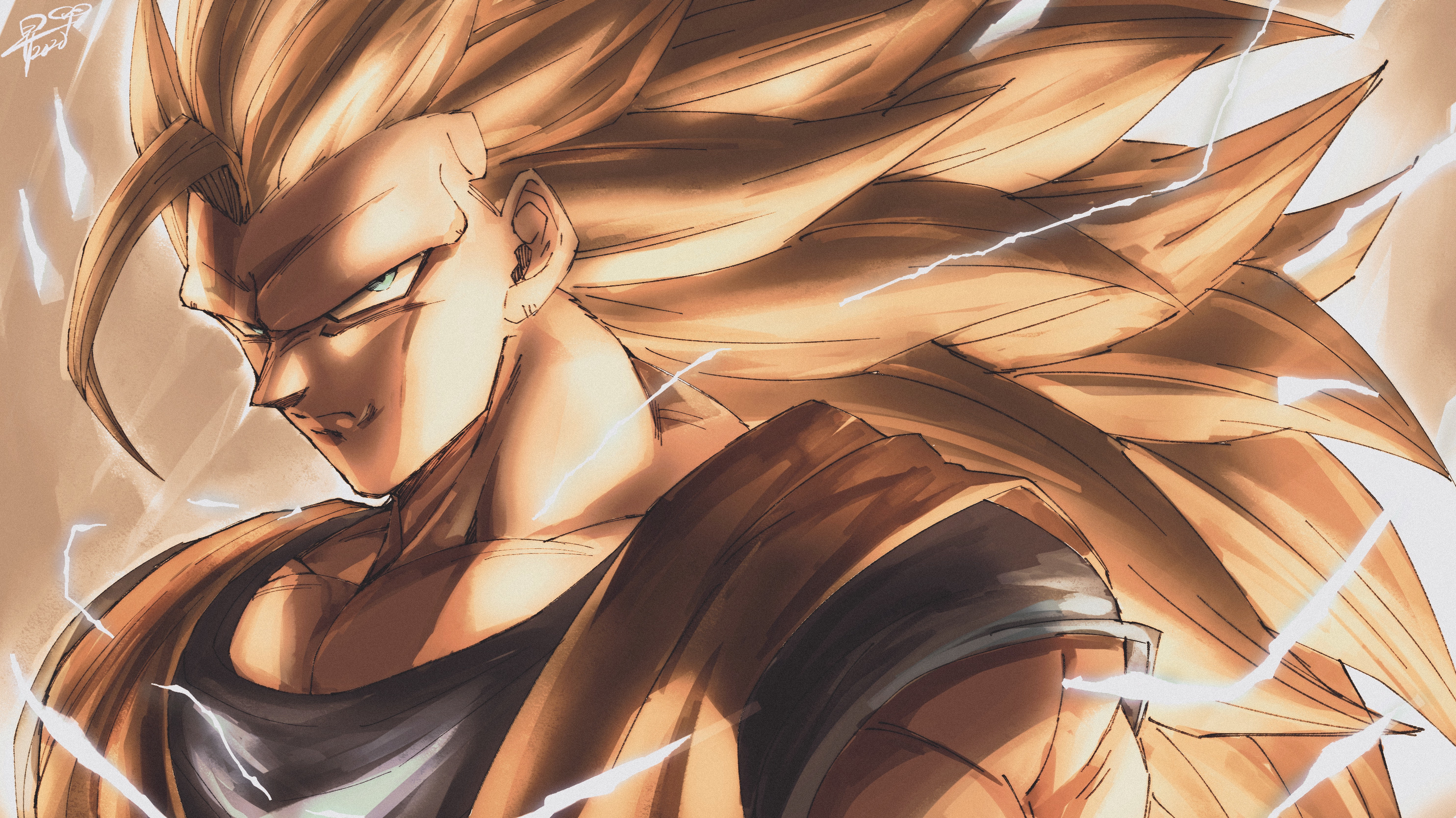 2d artwork of goku super saiyan with blonde hair
