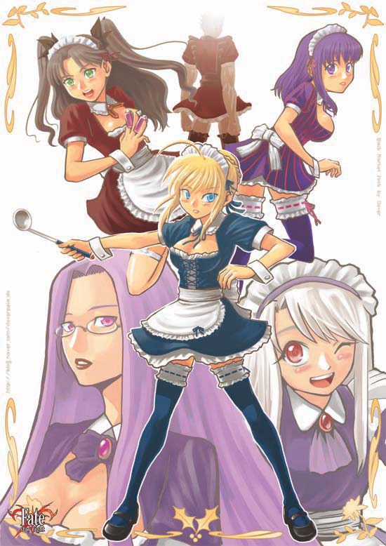 artoria pendragon, saber, tohsaka rin, illyasviel von einzbern, matou sakura, and 2 more (fate and 1 more) drawn by cloverpeia