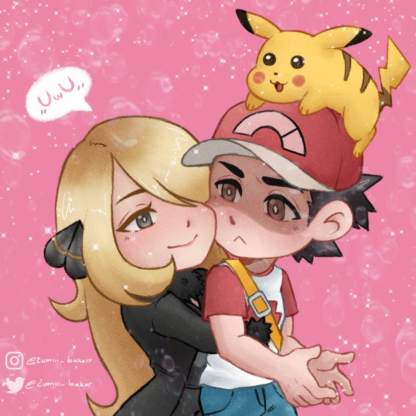 pikachu, cynthia, and red (pokemon and 2 more) drawn by cumii_bakarr
