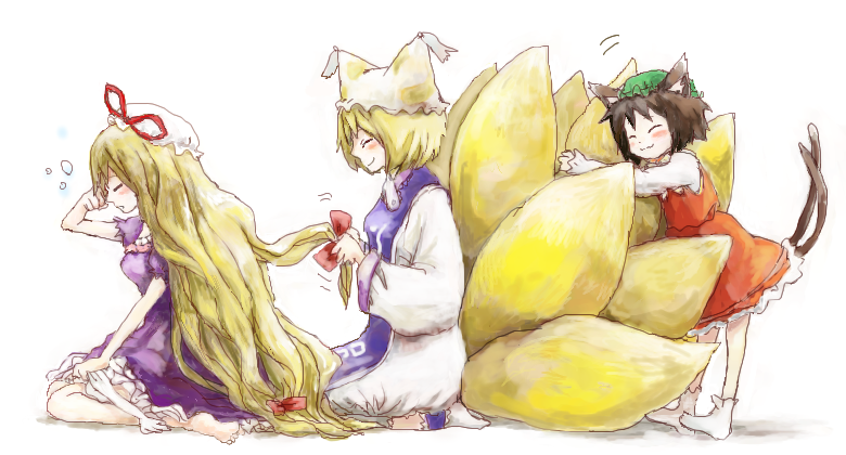 yakumo yukari, yakumo ran, and chen (touhou) drawn by poncho_(poncho)