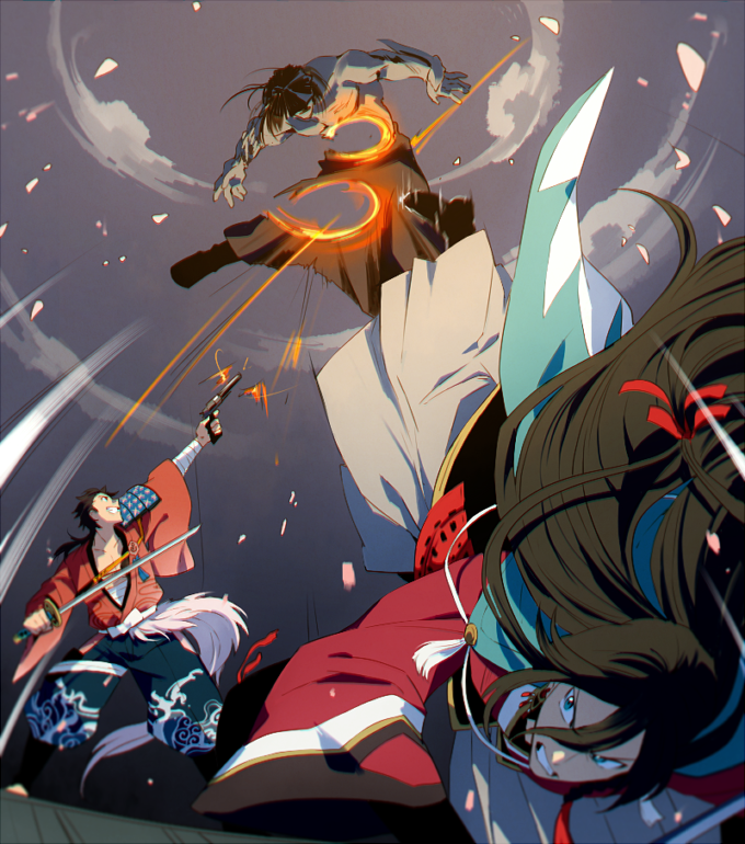 izumi-no-kami kanesada, mutsu-no-kami yoshiyuki, and enemy uchigatana (touken ranbu) drawn by t_k_g
